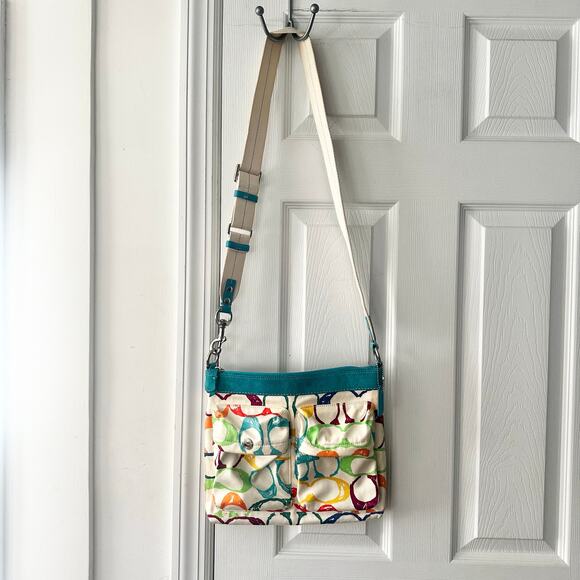 Coach Signature Multicolored Rainbow Scribble Cargo Double Pocket Crossbody Bag - Picture 1 of 12